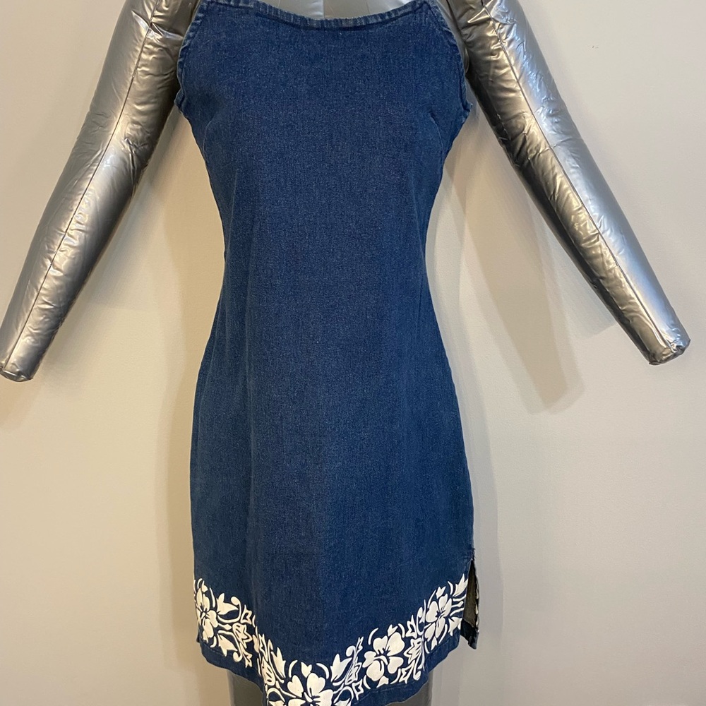 Blue Denim Dress with Floral Hem